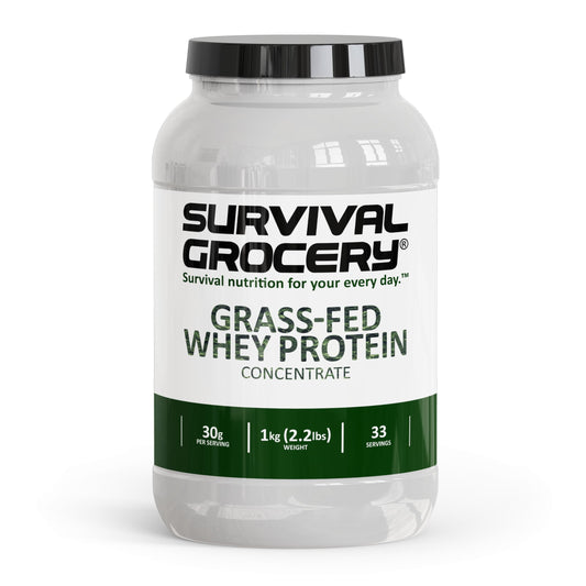 Survival Grocery Grass-Fed Whey Protein Concentrate container, unflavored protein for everyday shakes.