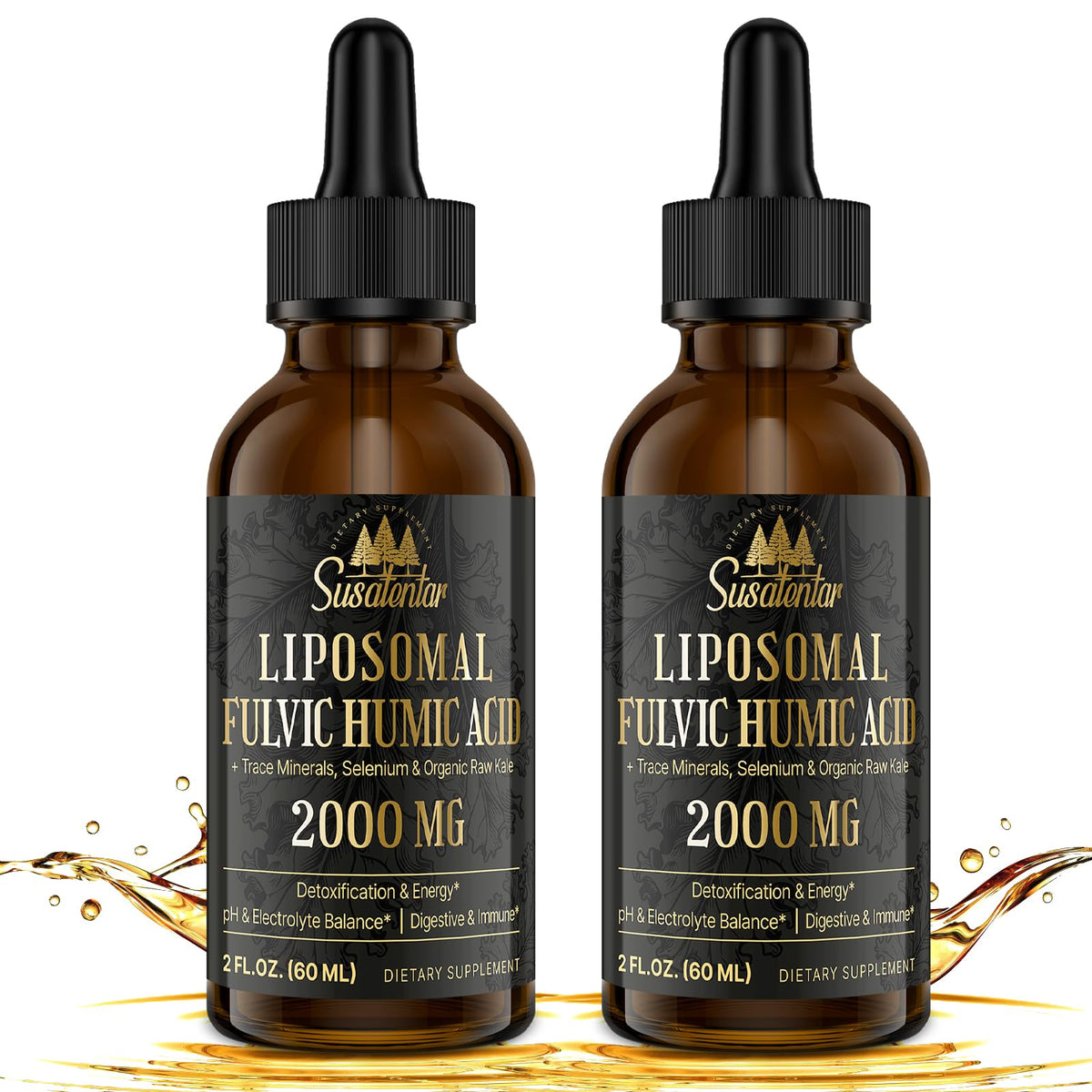 Susatentar liposomal fulvic bottle close-up highlighting high potency for daily energy.