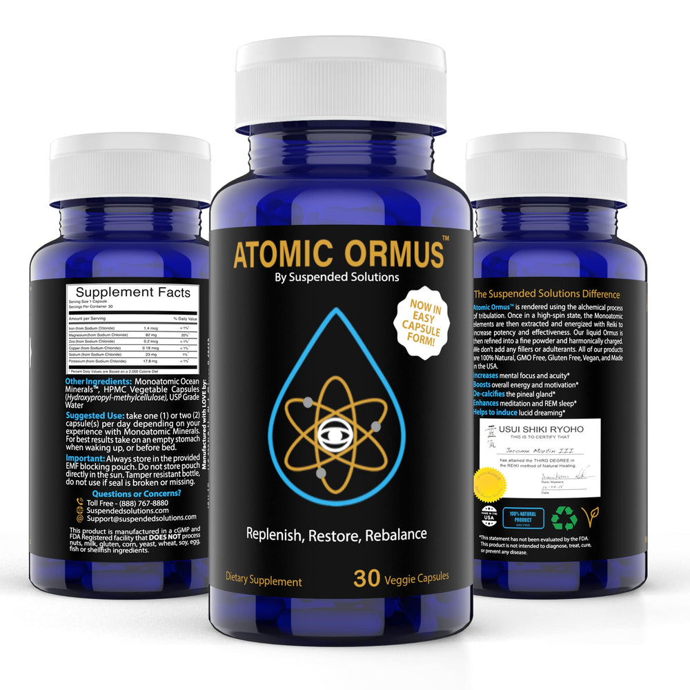 Box and bottle of Suspended Solutions Atomic ORMUS for premium supplementation.