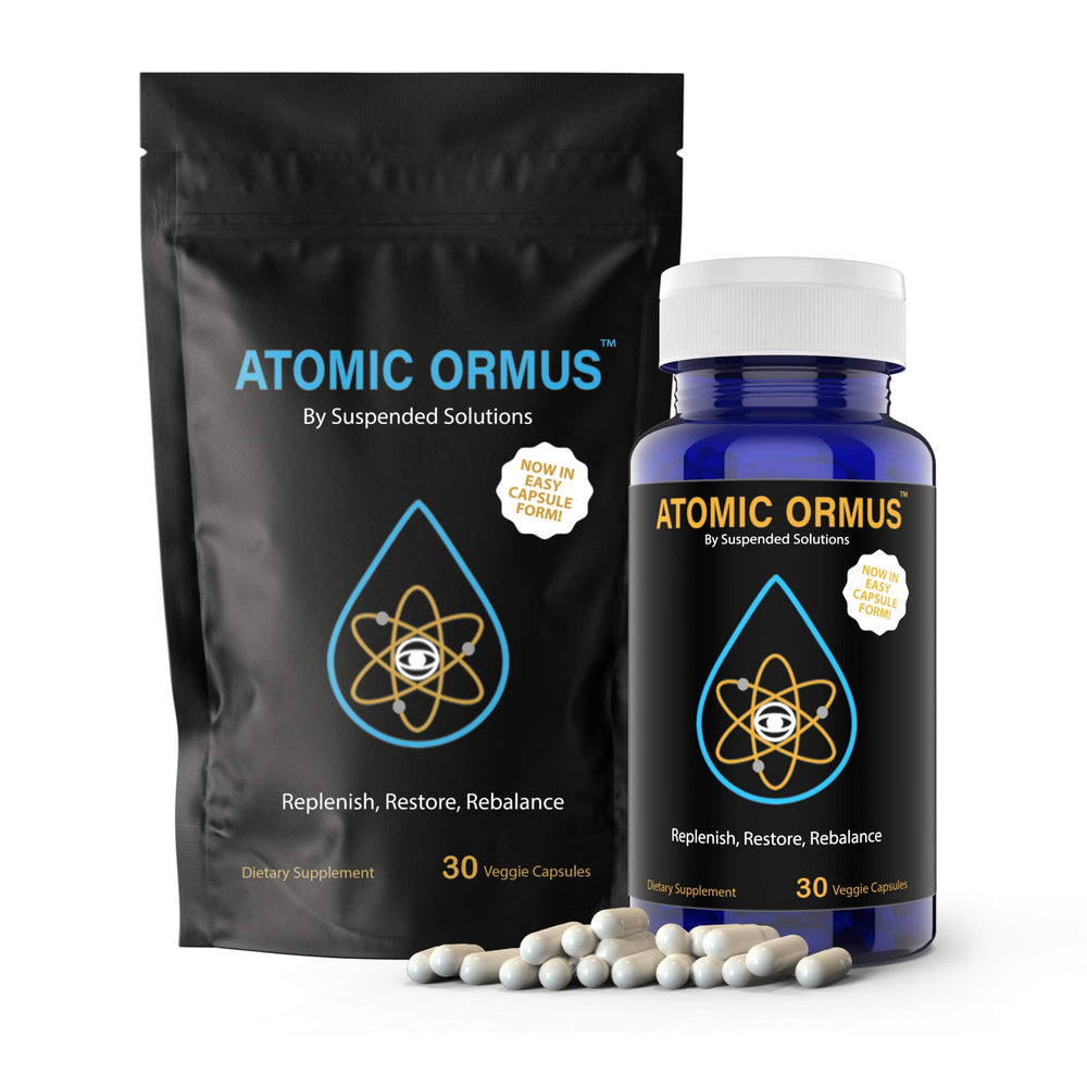 Suspended Solutions Atomic ORMUS capsules bottle, convenient daily use for busy mornings.