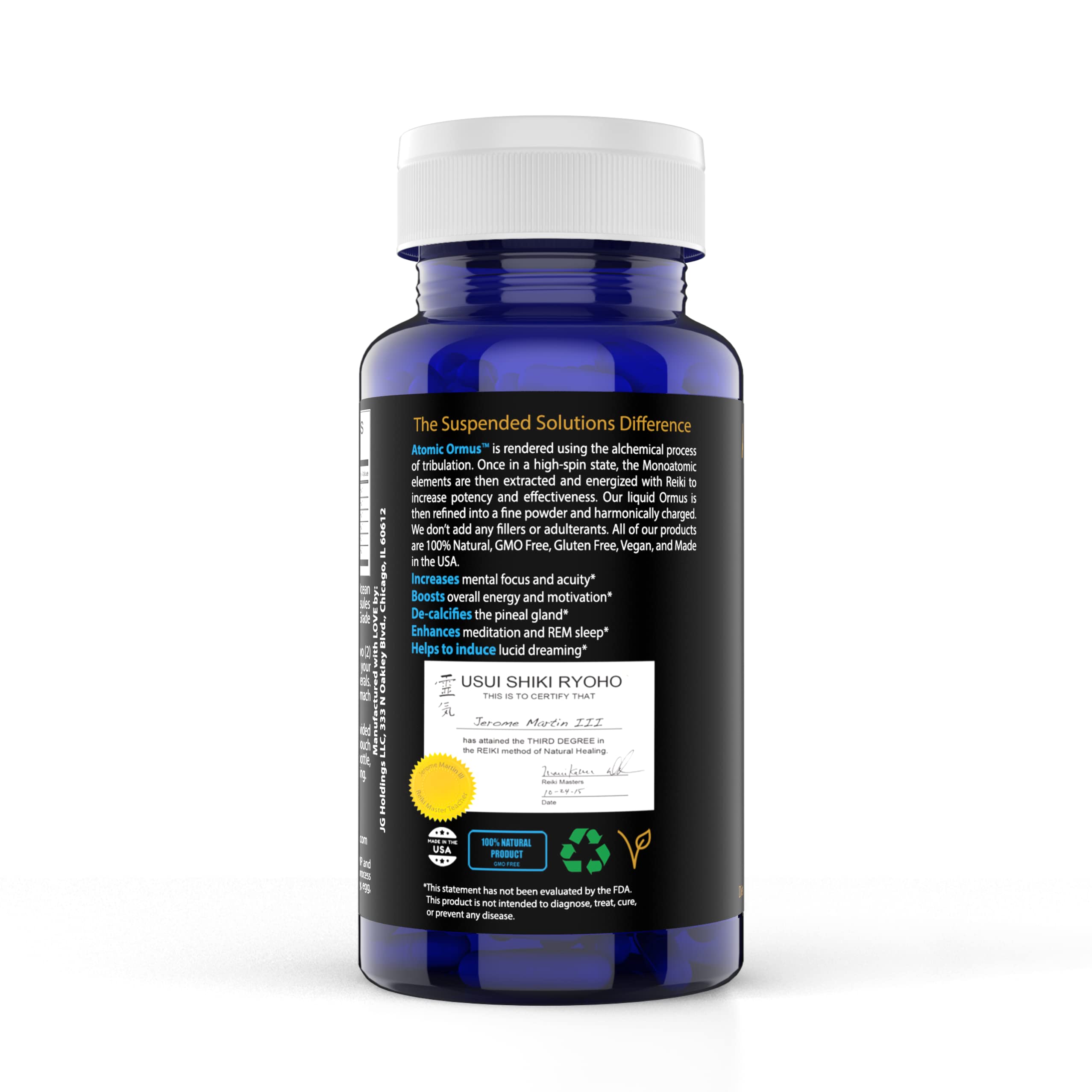 Meditation scene with Suspended Solutions Atomic ORMUS, suggesting focus during practice.