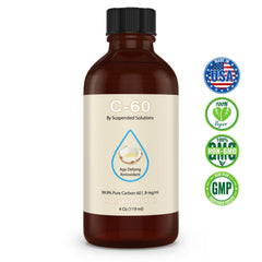 Close-up of label on Suspended Solutions C-60 MCT bottle showing purity