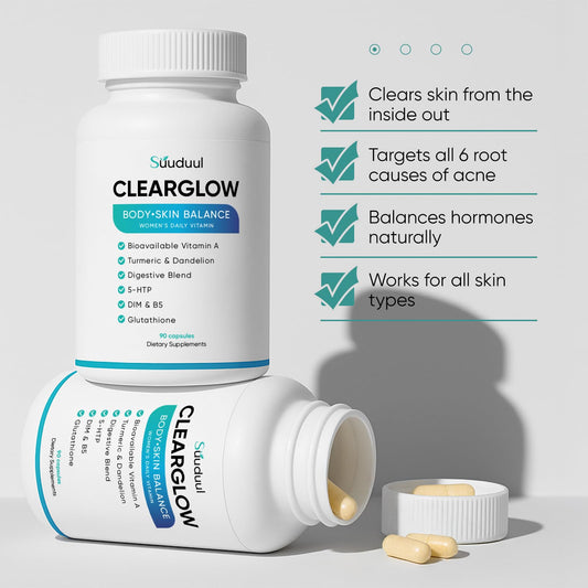 SUUDUUL acne supplement capsules close-up highlighting daily skin health
