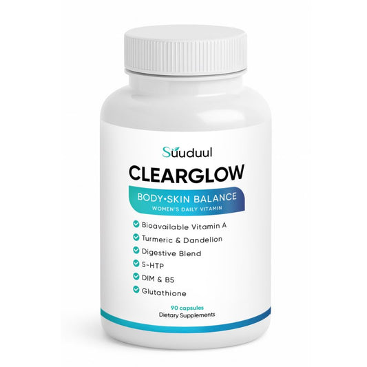 SUUDUUL Clear Skin Supplement bottle shown for acne support and balance