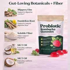 SUUDUUL Probiotic Kombucha Gummies closeup highlighting chewy texture and fruity taste for on-the-go support.