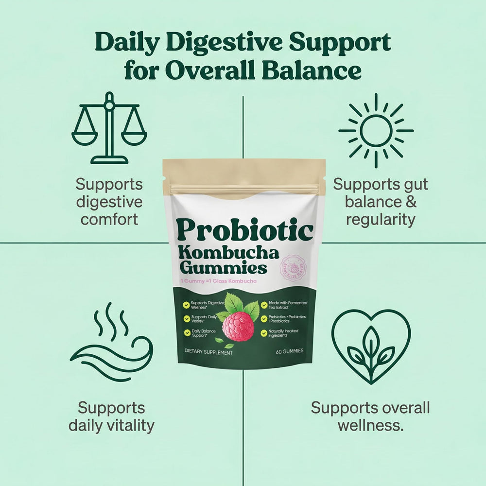 SUUDUUL Probiotic Kombucha Gummies with elm bark and dandelion promote gentle daily balance.