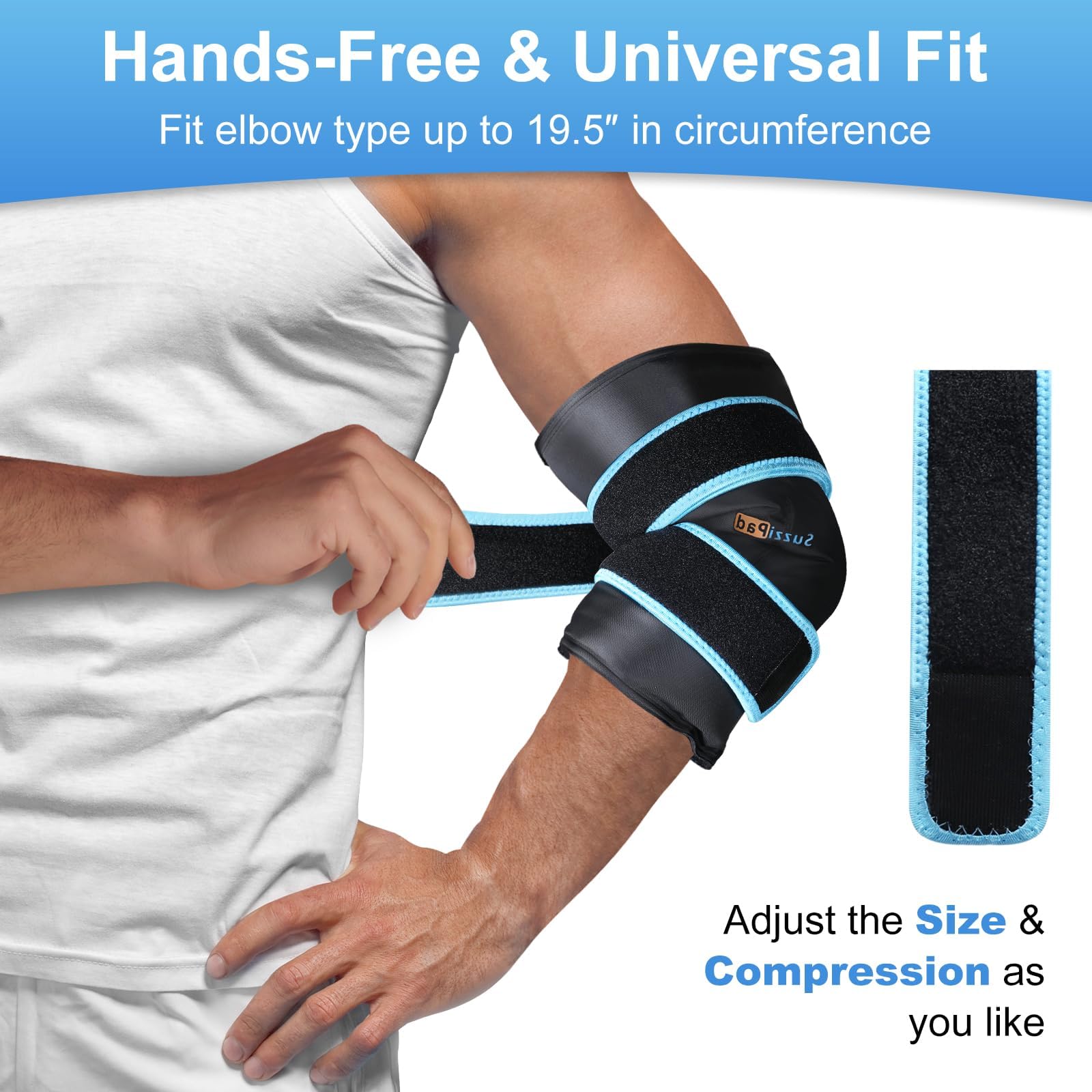 SuzziPad elbow wrap dual-fabric design for gentle or deep cooling