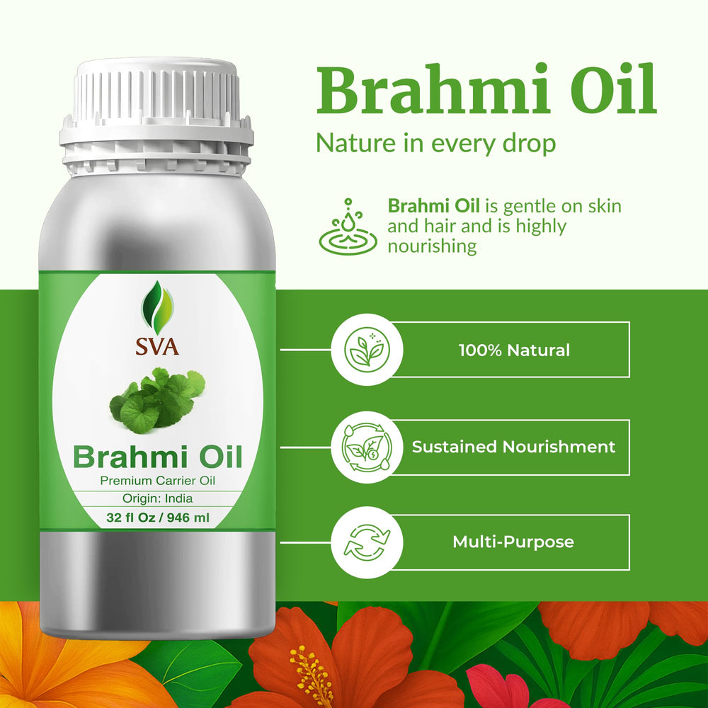 SVA ORGANICS Brahmi Oil pour for convenient scalp and skin application.