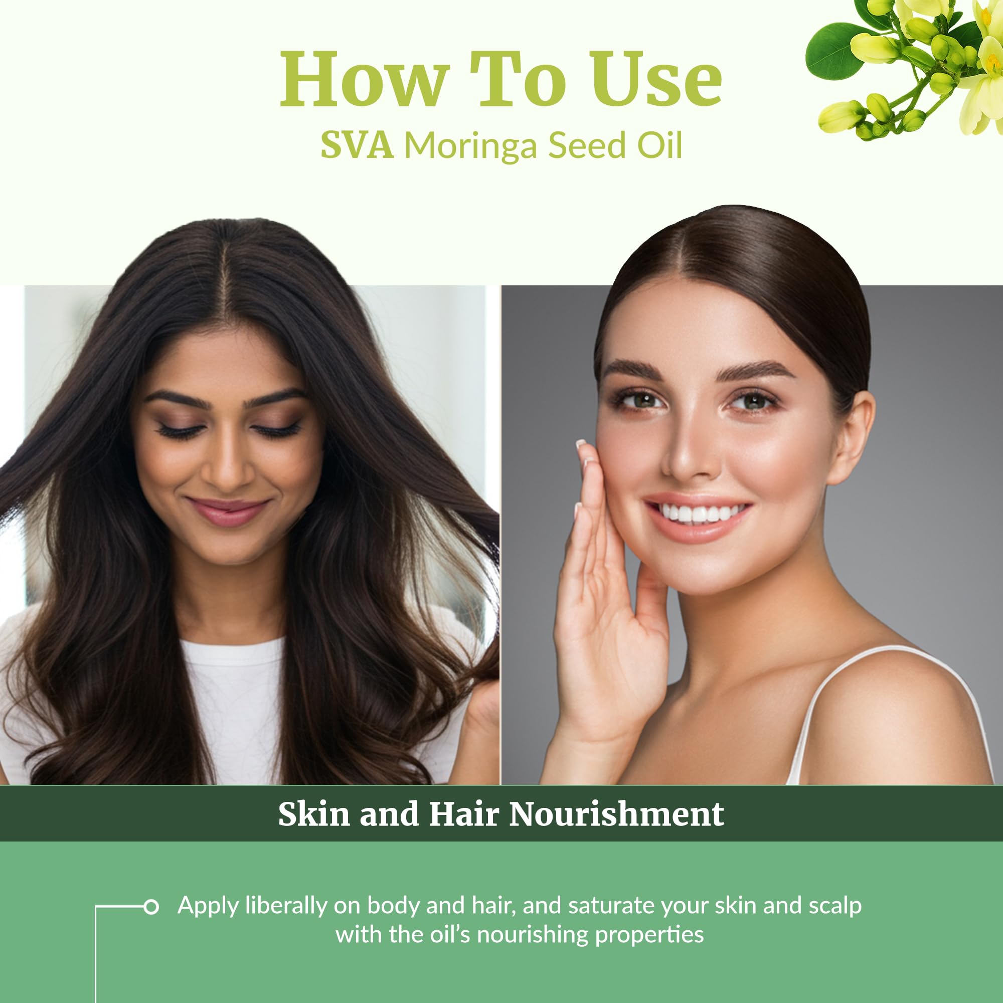Hands applying SVA Moringa Oil to scalp for hair nourishment