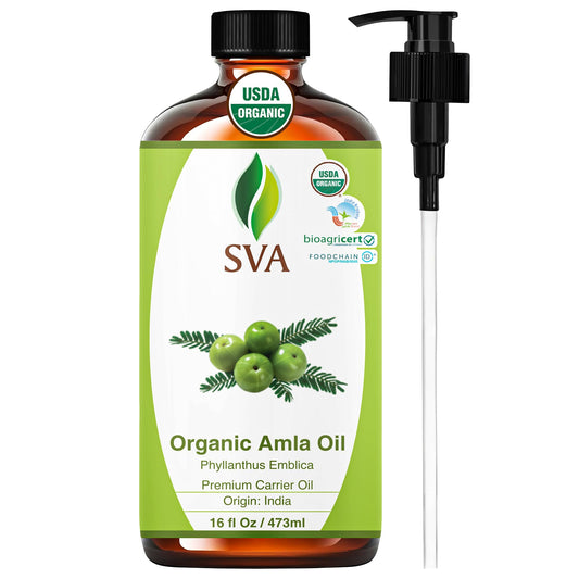 SVA ORGANICS Amla Oil bottle close-up showing the 16oz container for hair nourishment.
