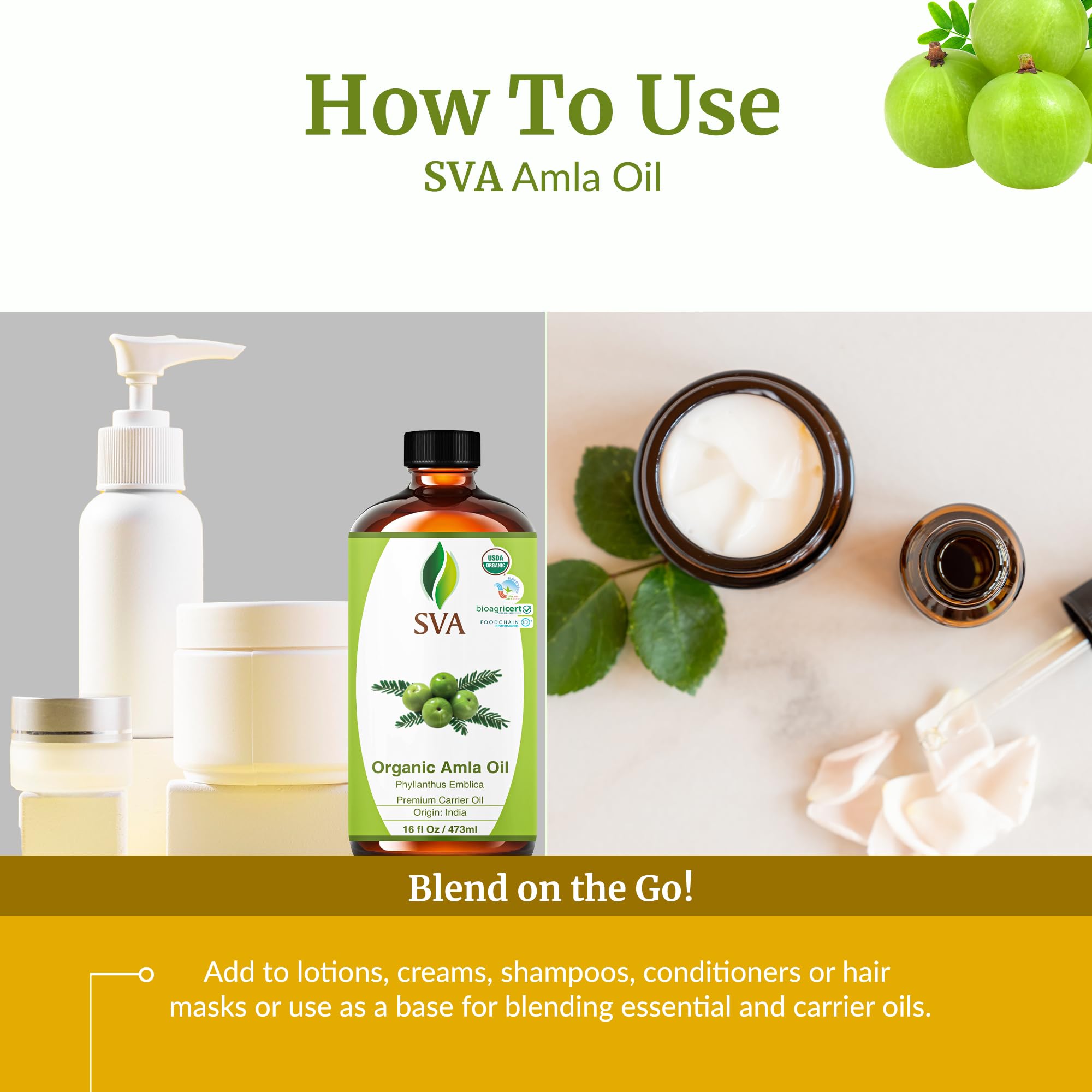 SVA ORGANICS Amla Oil drops on palm for quick scalp or skin use.