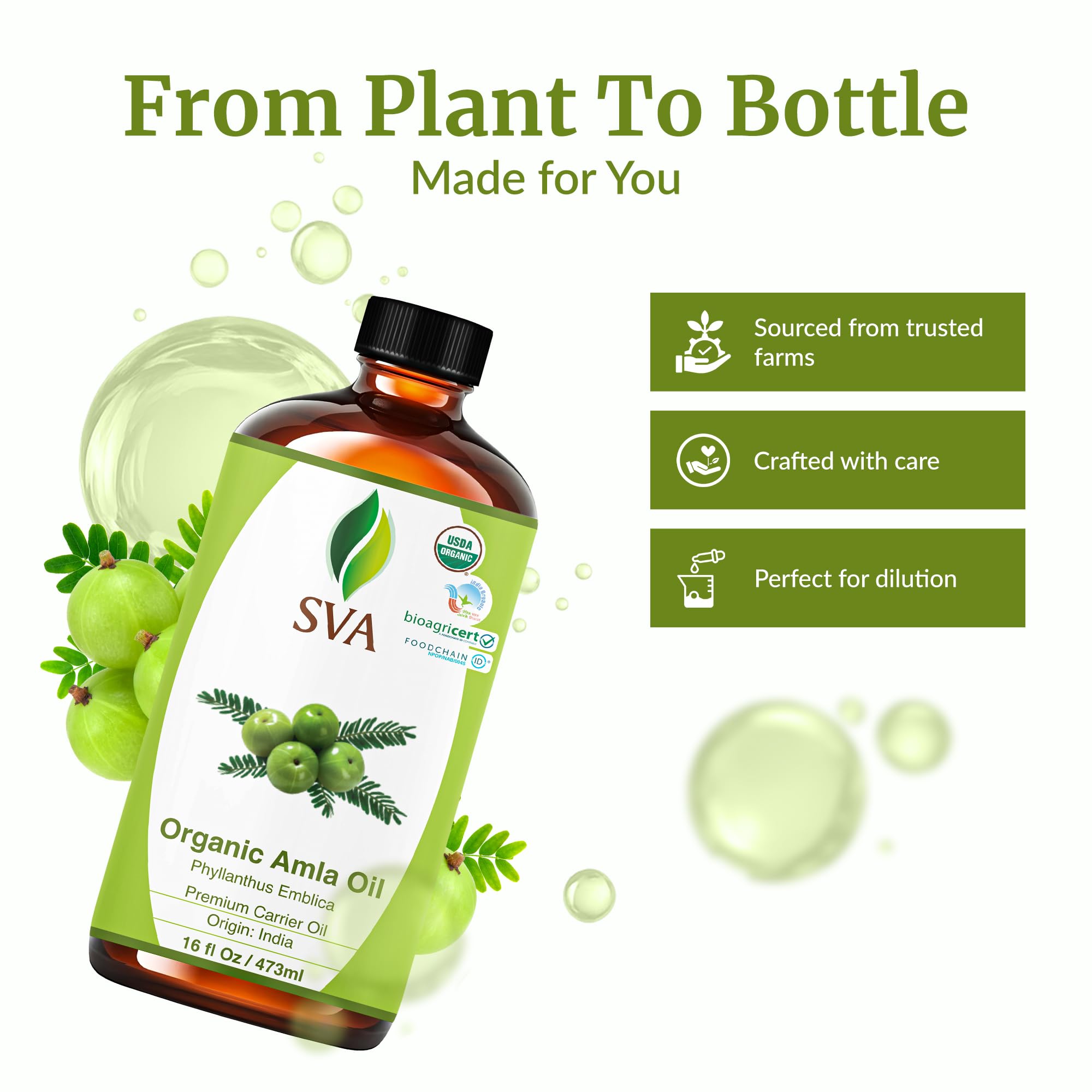 SVA ORGANICS Amla Oil on hair for nourishing scalp massage.