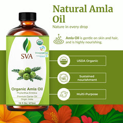SVA ORGANICS Amla Oil label close-up emphasizing organic, cold-pressed quality for scalp care.