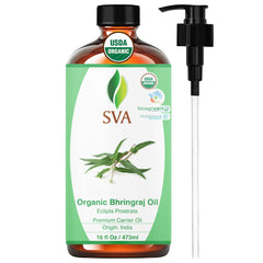 SVA Organics Bhringraj Oil bottle pour for scalp nourishment.