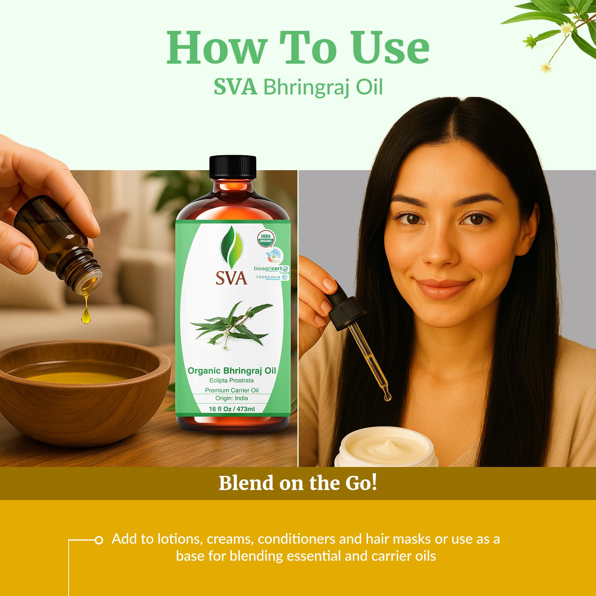 SVA Organics Bhringraj Oil applied to skin for moisture.