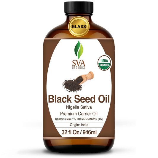 SVA ORGANICS Black Seed Oil bottle for skin and hair care benefits.