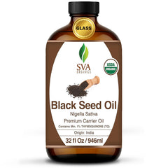 SVA ORGANICS Black Seed Oil bottle for skin and hair care benefits.