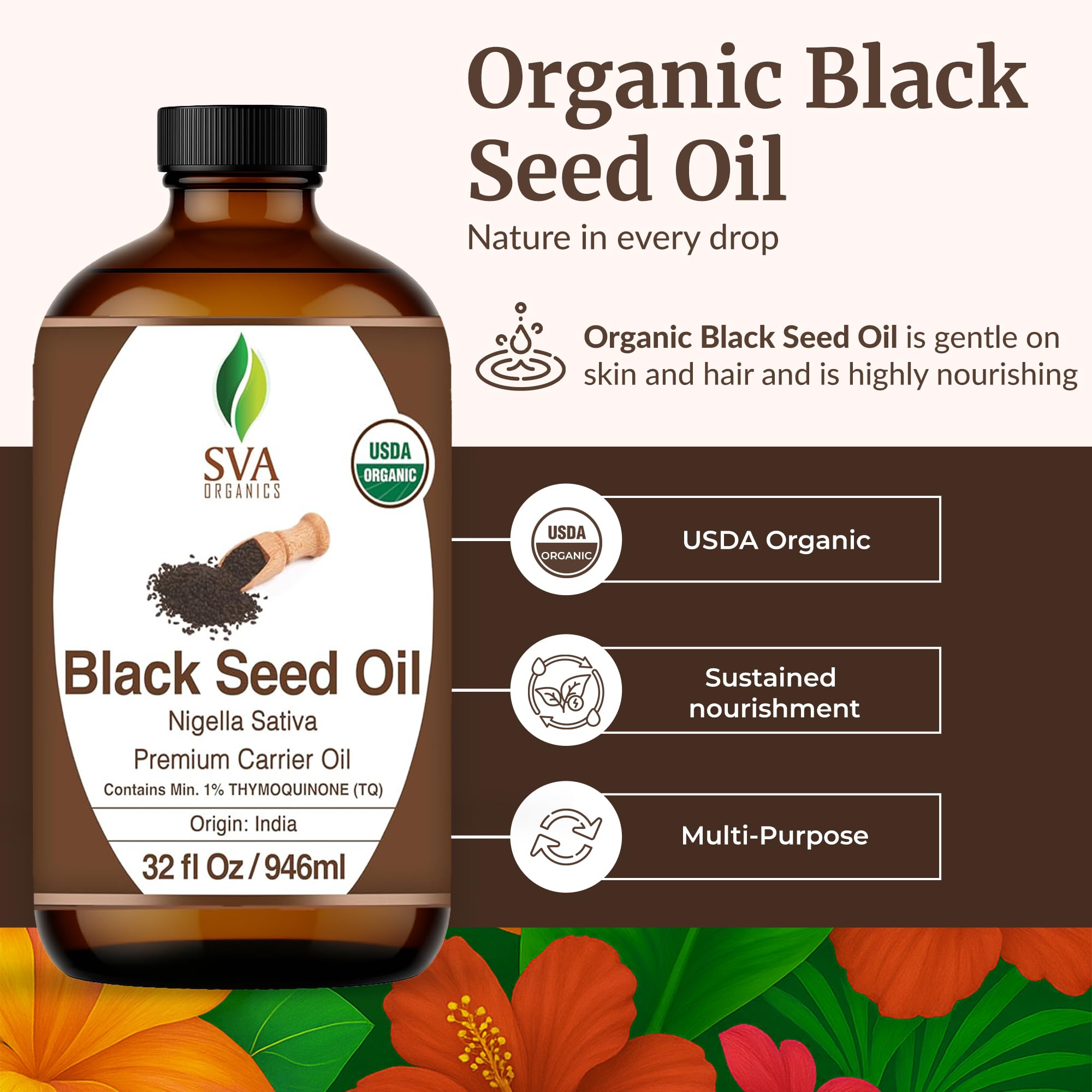 SVA ORGANICS Black Seed Oil bottle used in scalp massage for nourishment.