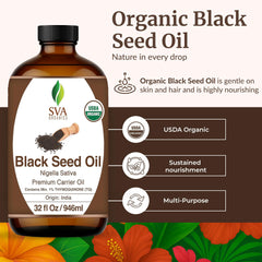 SVA ORGANICS Black Seed Oil bottle used in scalp massage for nourishment.