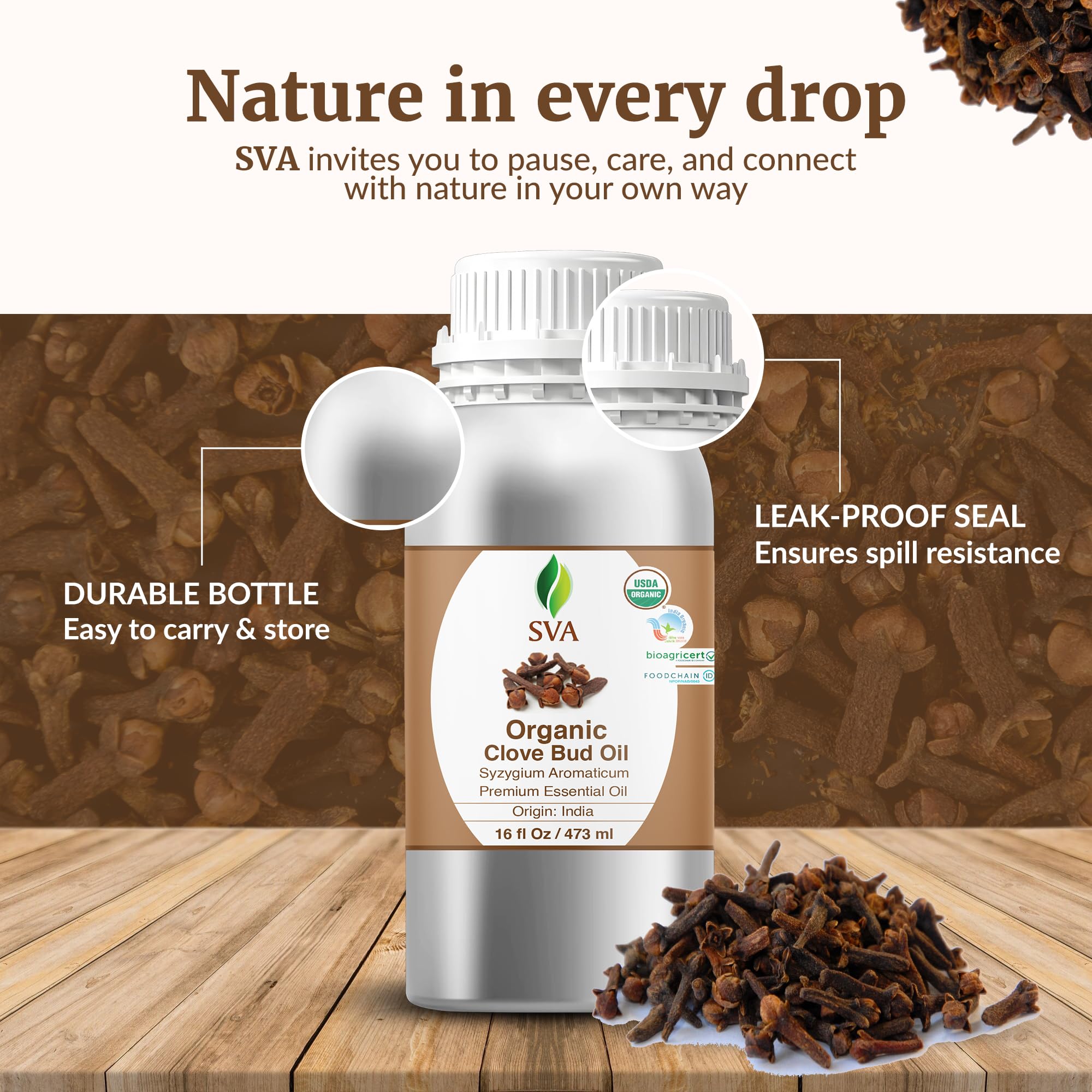 SVA Organic Clove Bud Oil supports aromatherapy routines.