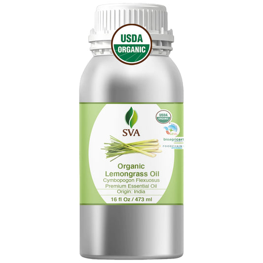 SVA Organics lemongrass oil bottle highlighting purity and diffuser-ready aroma.