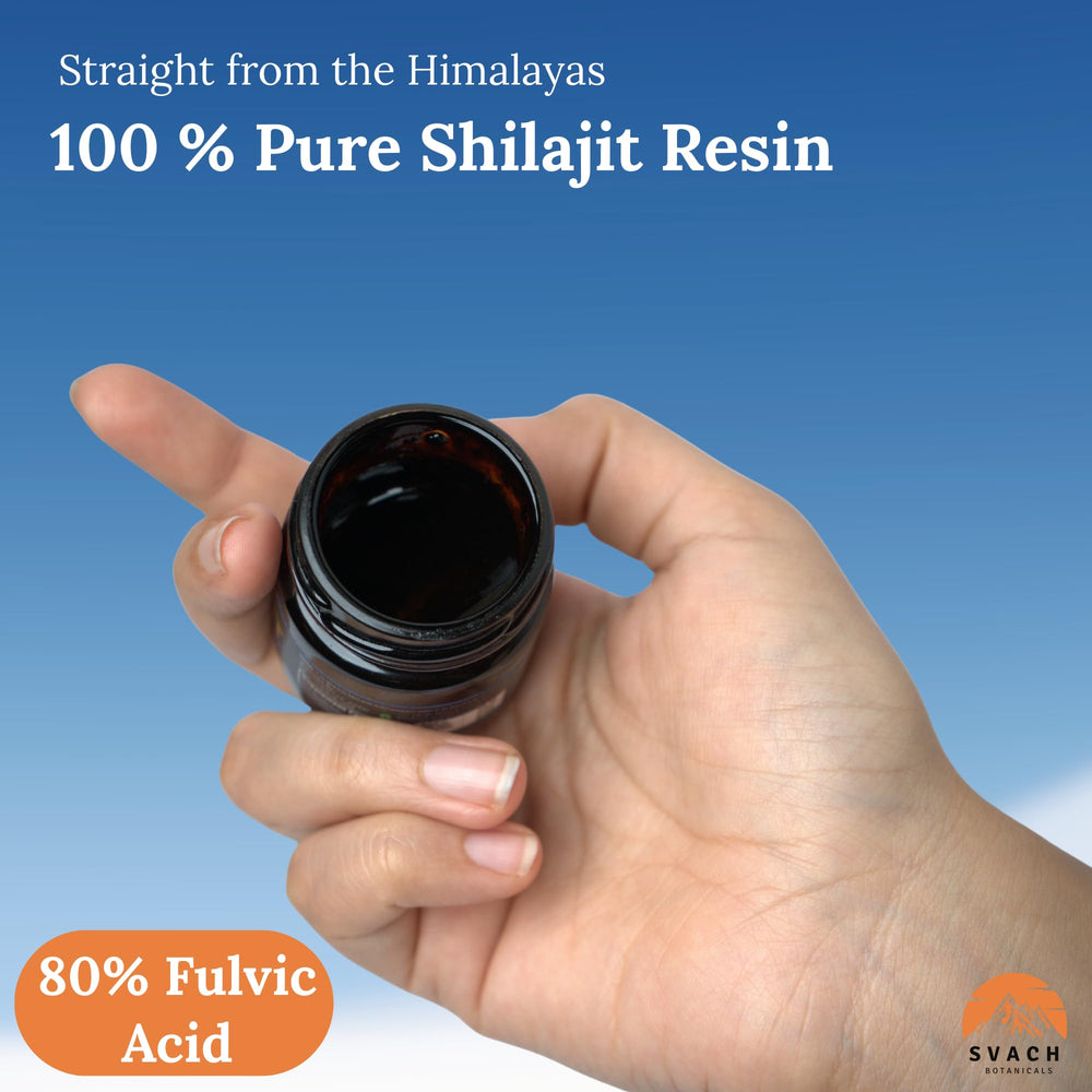 Svach Botanicals Shilajit resin stirred into tea or milk for daily use