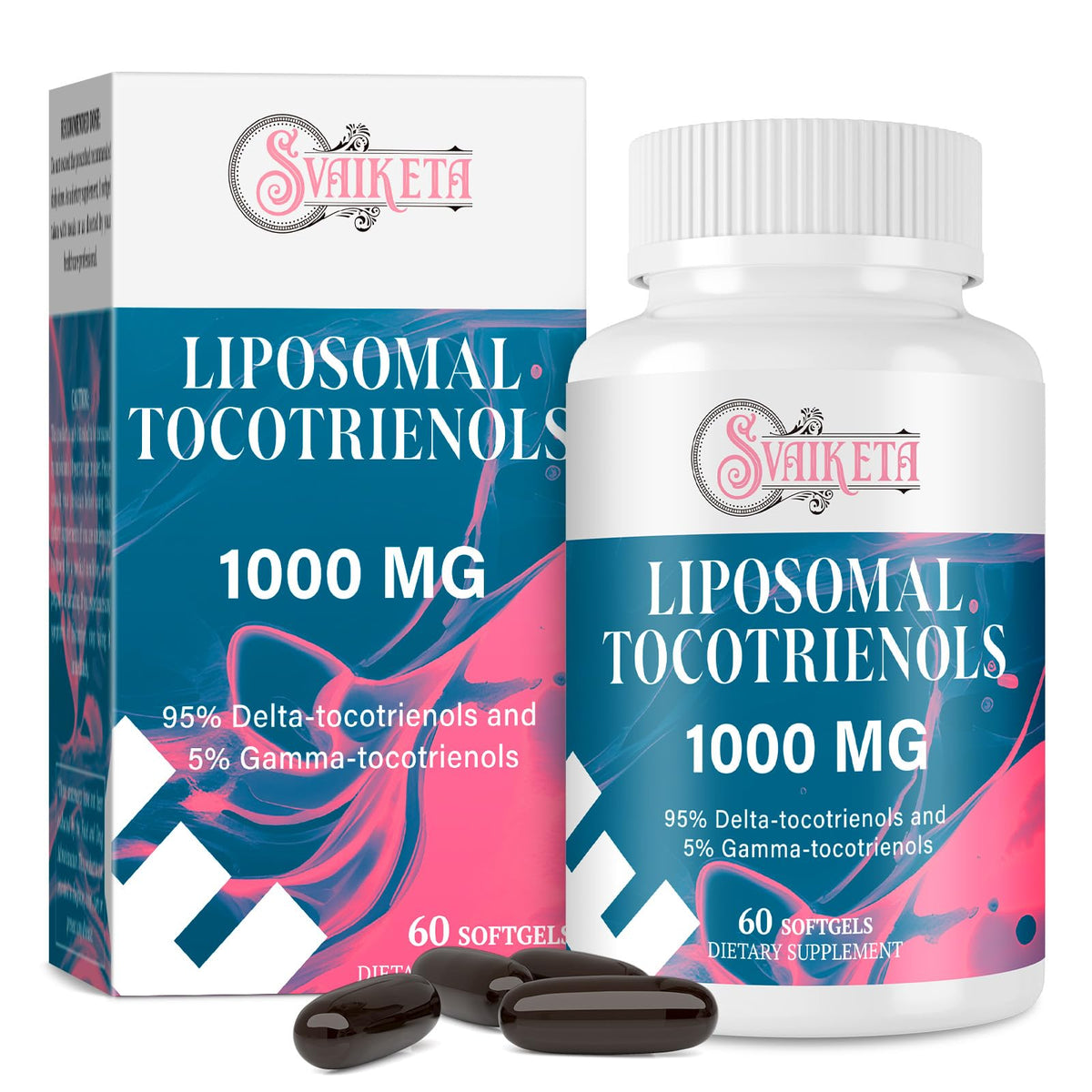 Svaiketa Liposomal Tocotrienols bottle front highlights premium packaging and potency