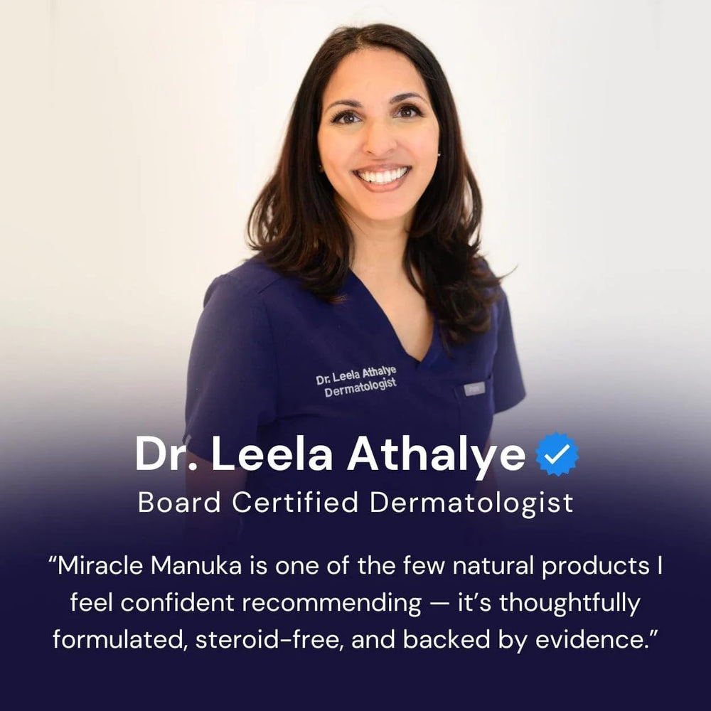 Ingredients panel highlights natural, clean ingredients and Manuka leaf oil.