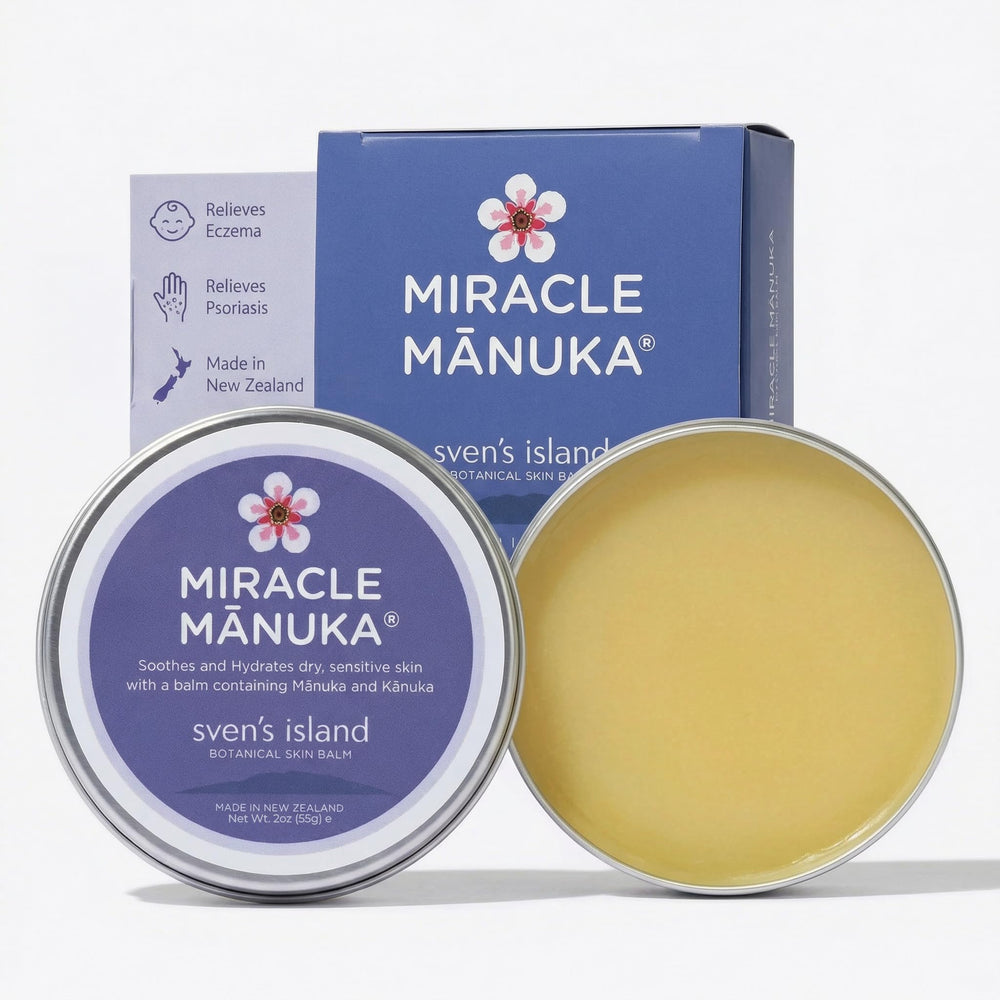 Sven's Island Miracle Manuka Ointment packaging highlights a natural, premium balm for daily dry skin care.