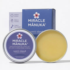 Sven's Island Miracle Manuka Ointment packaging highlights a natural, premium balm for daily dry skin care.