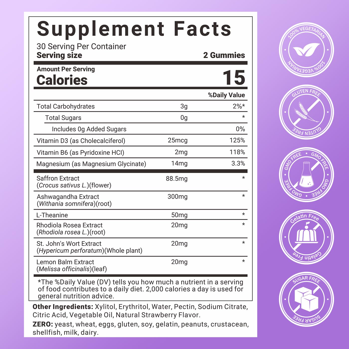 Svovita all-in-one formula gummies pictured with saffron and adaptogens for balanced wellbeing.