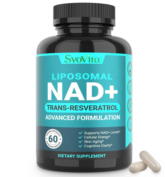 Svovita NAD supplement bottle front view highlighting 500mg formula for vitality.