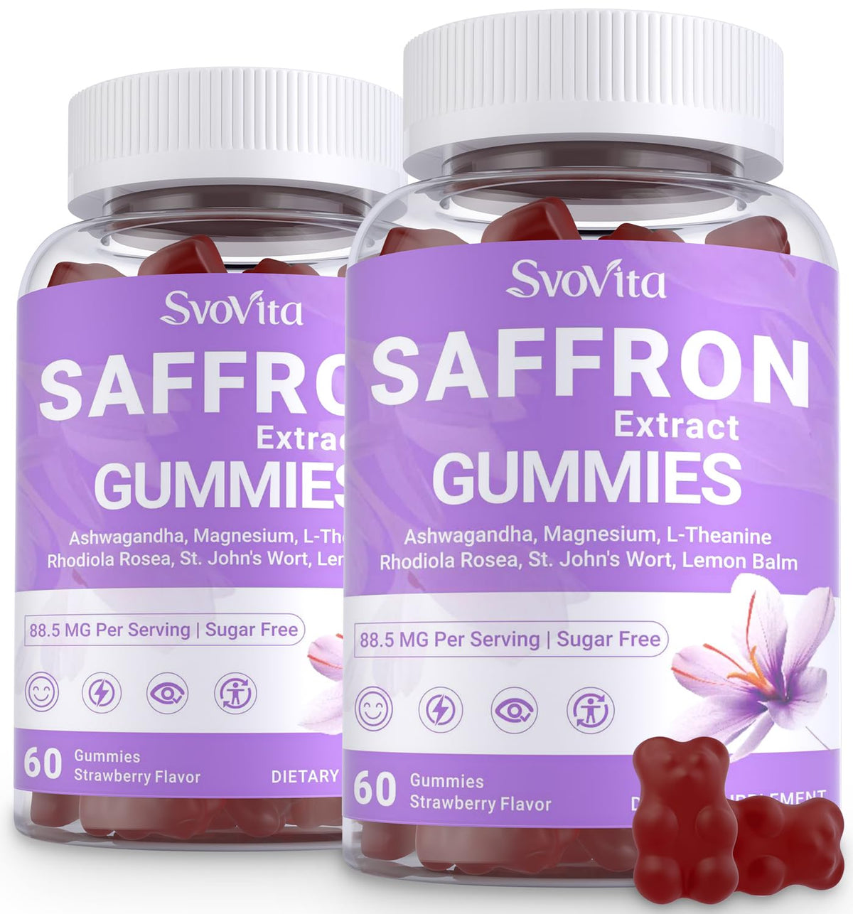 Svovita saffron gummies bottle-front for convenient daily wellness with potential mood support