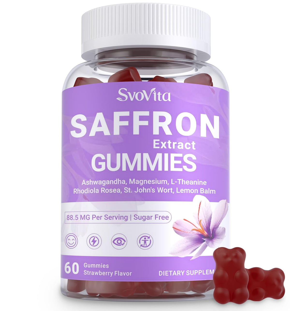 Svovita saffron gummies highlighting 88.5 mg per portion for daily focus.