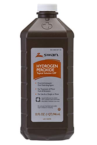 Closeup of Swan 3% Hydrogen Peroxide label with concentration and guidance.