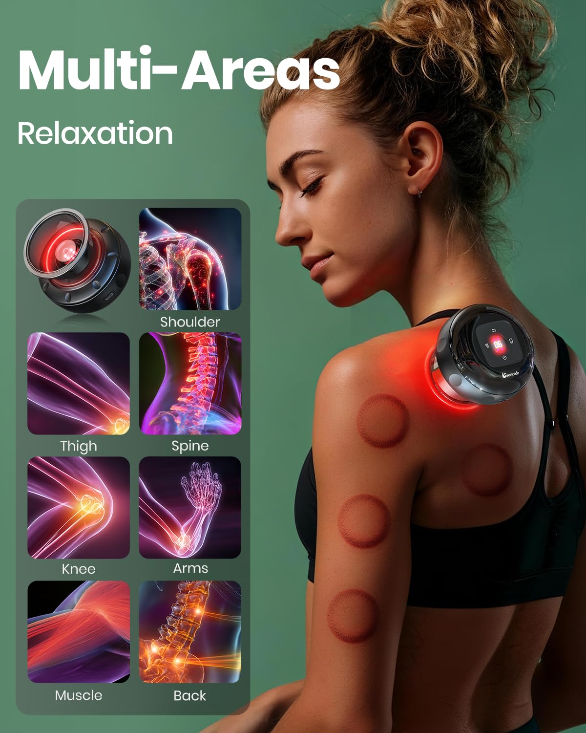 Swancode red light therapy cupping in use on shoulder