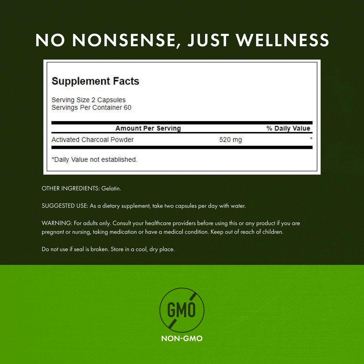 Swanson Activated Charcoal label detail, revealing quality standards and serving size.