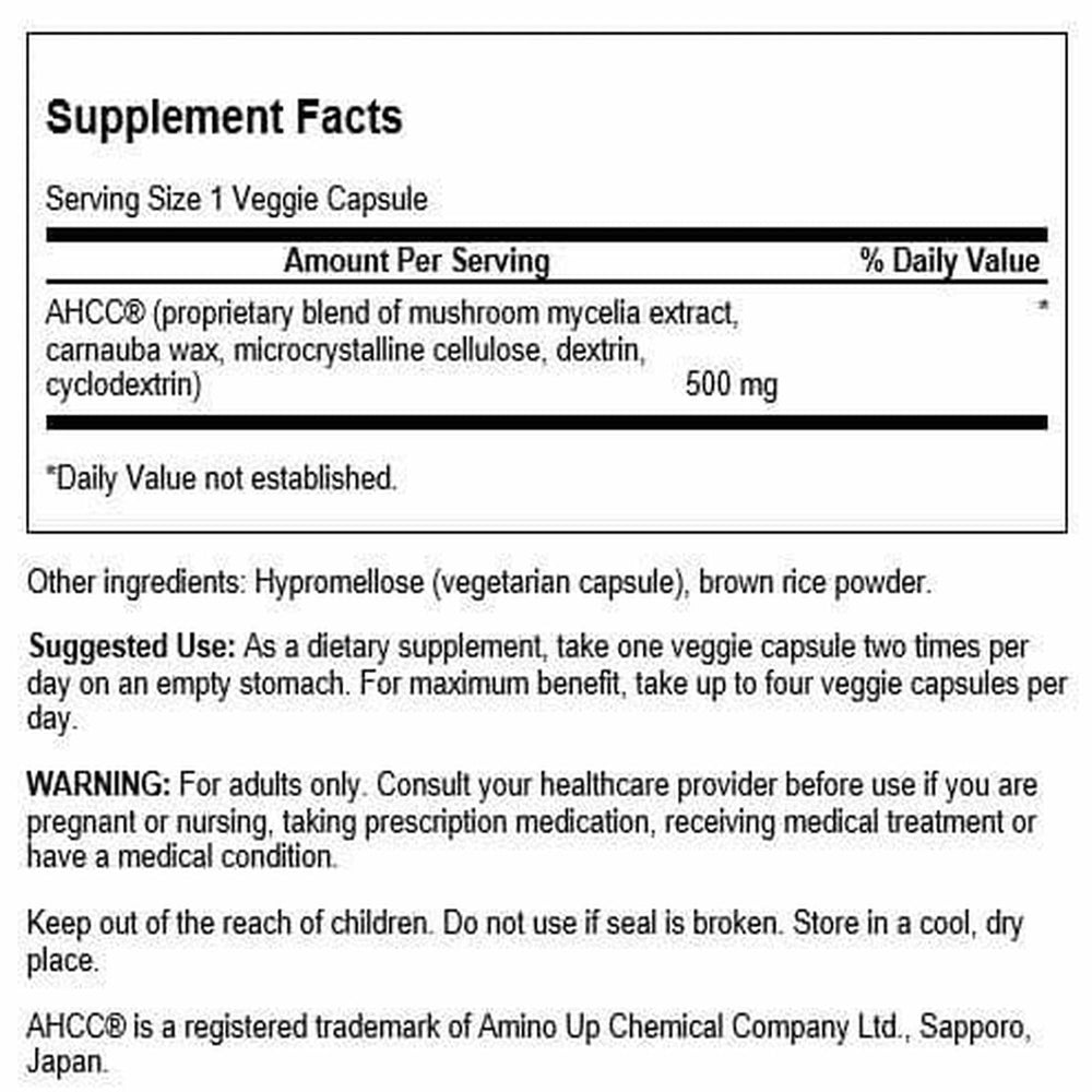 Close-up of Swanson AHCC bottle label showing 500 mg per capsule