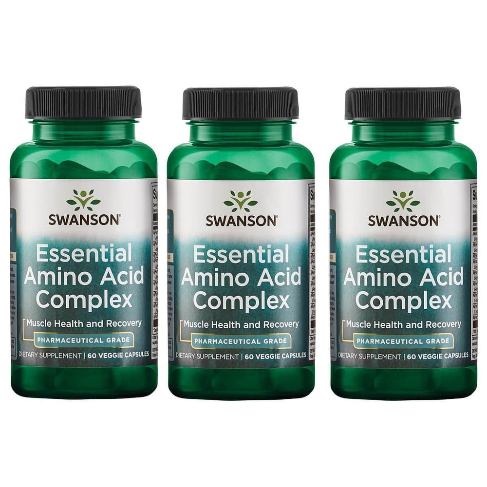 Swanson Ajipure 9 essential amino acids bottle; vegetarian capsules for daily recovery support.