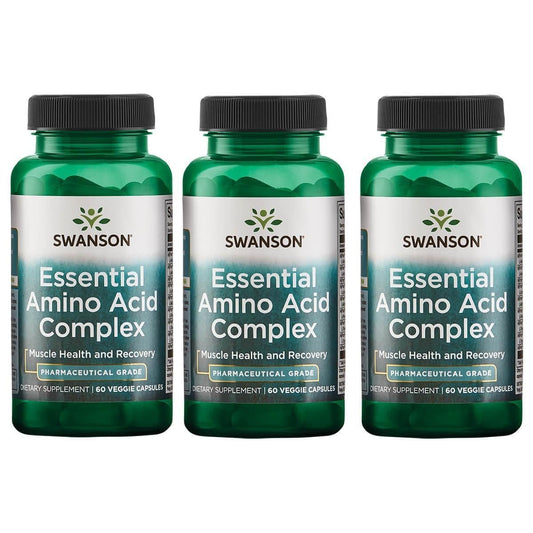 Swanson Ajipure 9 essential amino acids bottle; vegetarian capsules for daily recovery support.