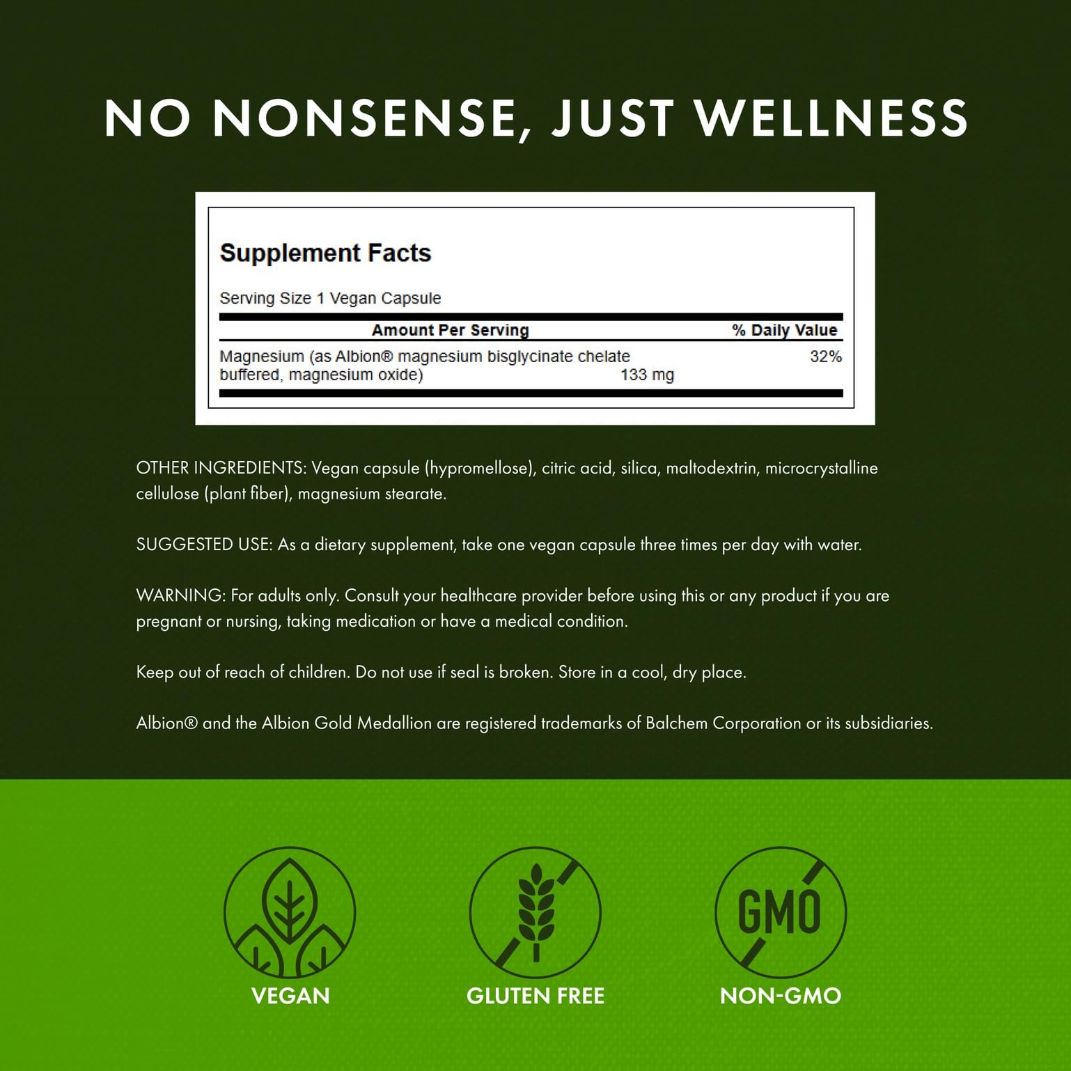 Swanson Albion Magnesium Glycinate label close-up with chelation details