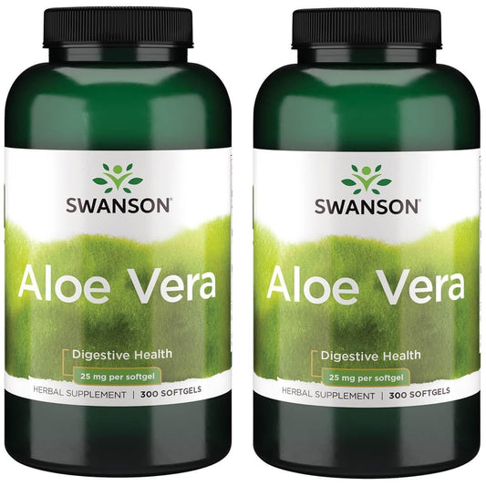 Swanson Aloe Vera 25 mg bottle, two-pack for digestive support.