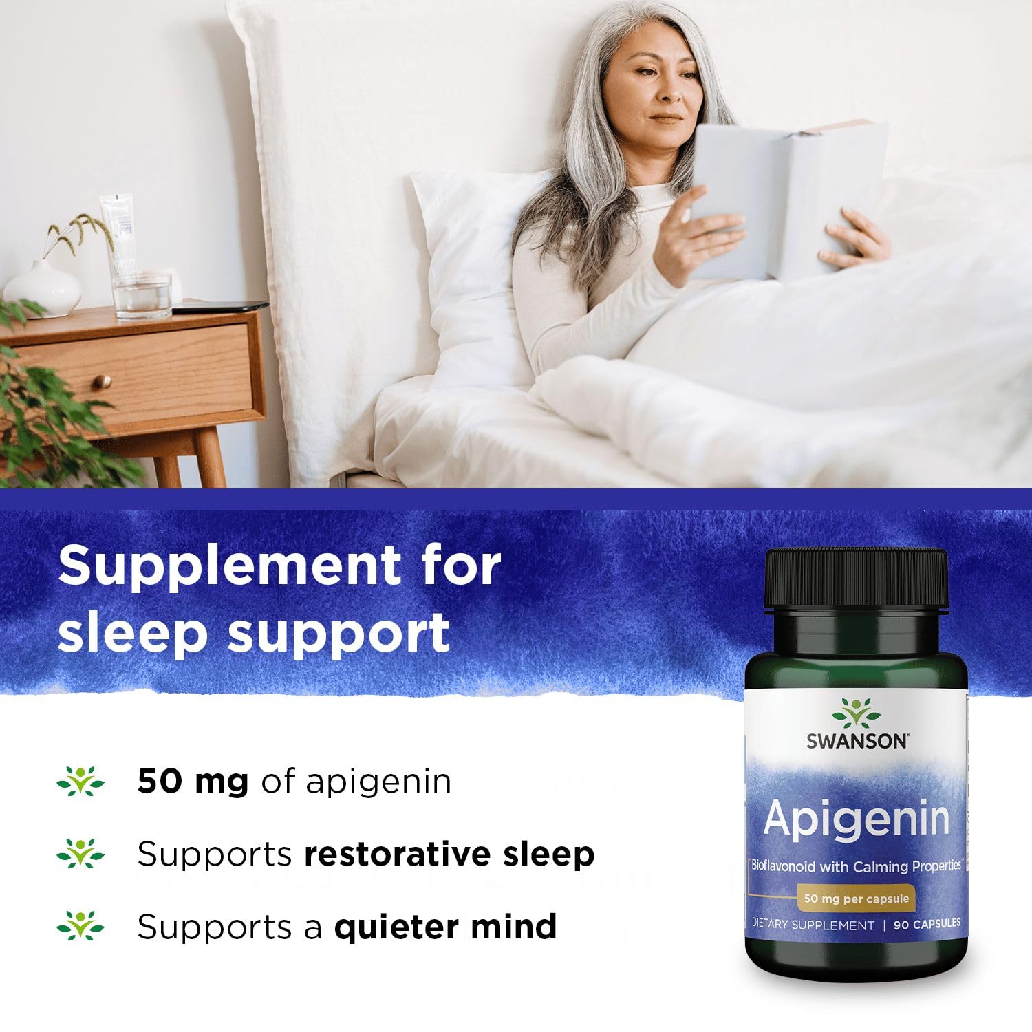 Swanson Apigenin sleep scene illustrating a calming nightly routine.