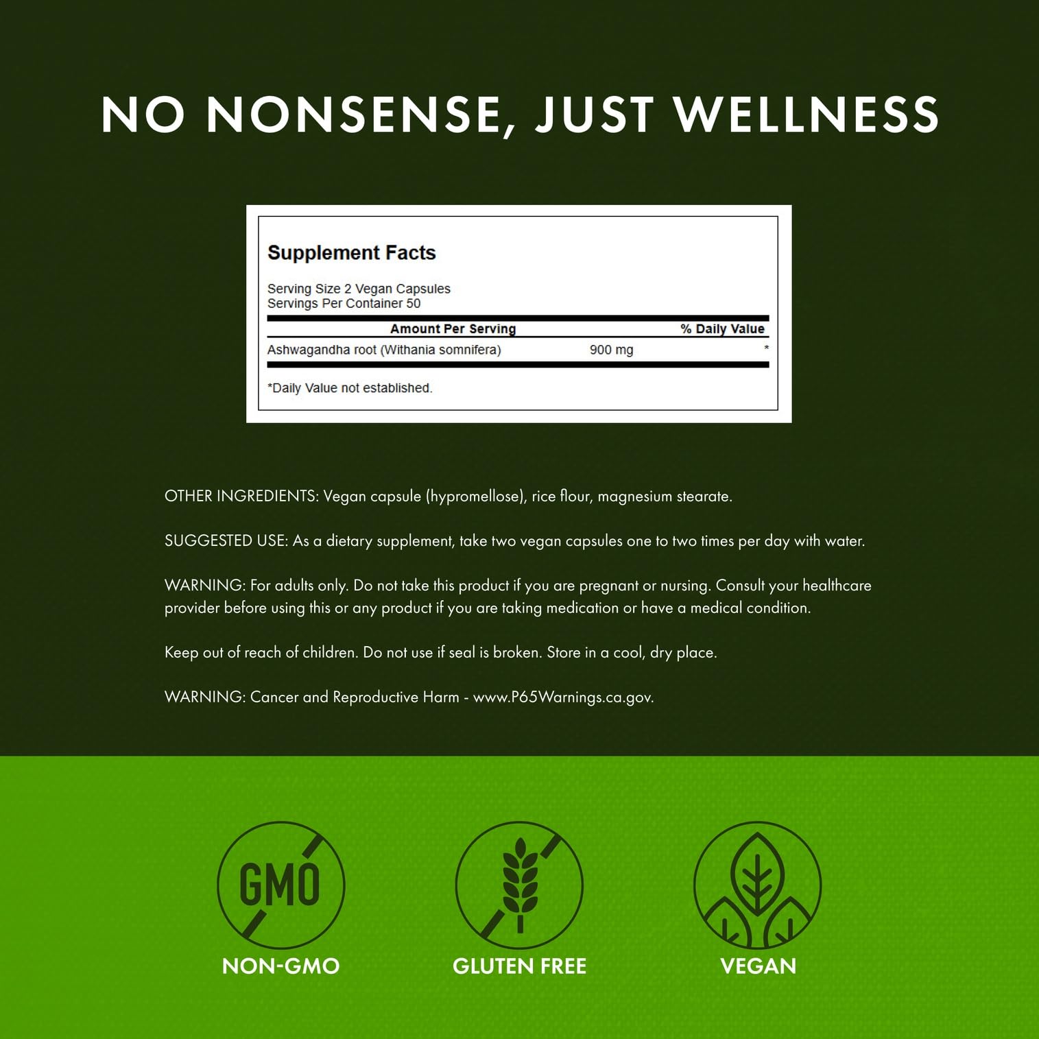 Swanson Ashwagandha powder ingredients label close-up showing potency and purity.