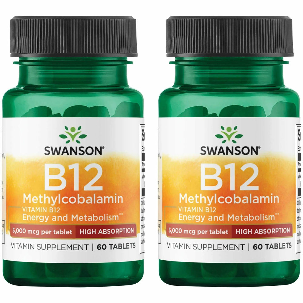 Swanson B-12 methylcobalamin bottle front, highlighting high absorption formula.