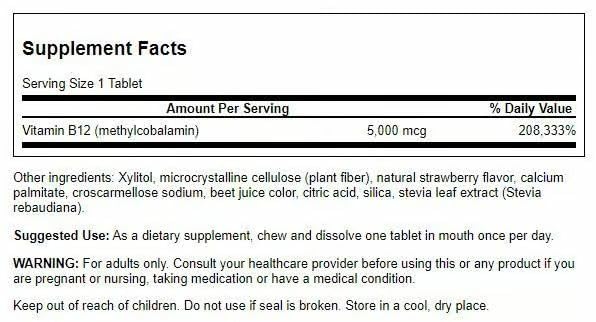Swanson B-12 methylcobalamin label close-up showing 5000 mcg potency.