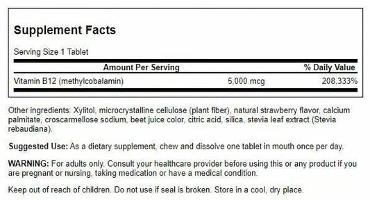 Swanson B-12 methylcobalamin label close-up showing 5000 mcg potency.