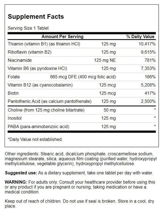 Swanson Vitamin B-125 Complex tablets displayed for mood and immune system support