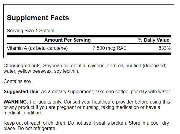 Swanson Beta-Carotene capsules closeup, small easy-to-swallow gel capsules