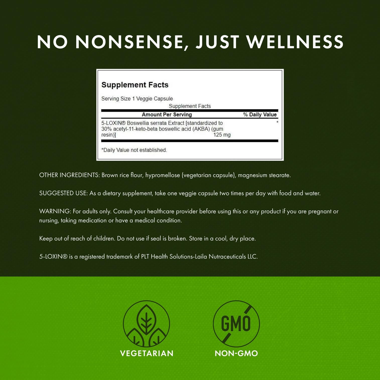 Label detail of Swanson Boswellia Serrata extract with 125 mg per capsule.